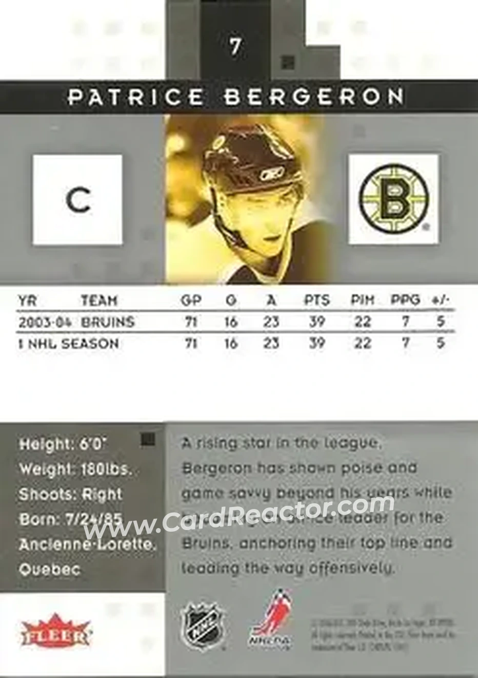 2005-06 Fleer Hot Prospects #7 - Patrice Bergeron - Boston Bruins - Back 2005-06 Fleer Hot Prospects #7 - Patrice Bergeron - Boston Bruins - Back