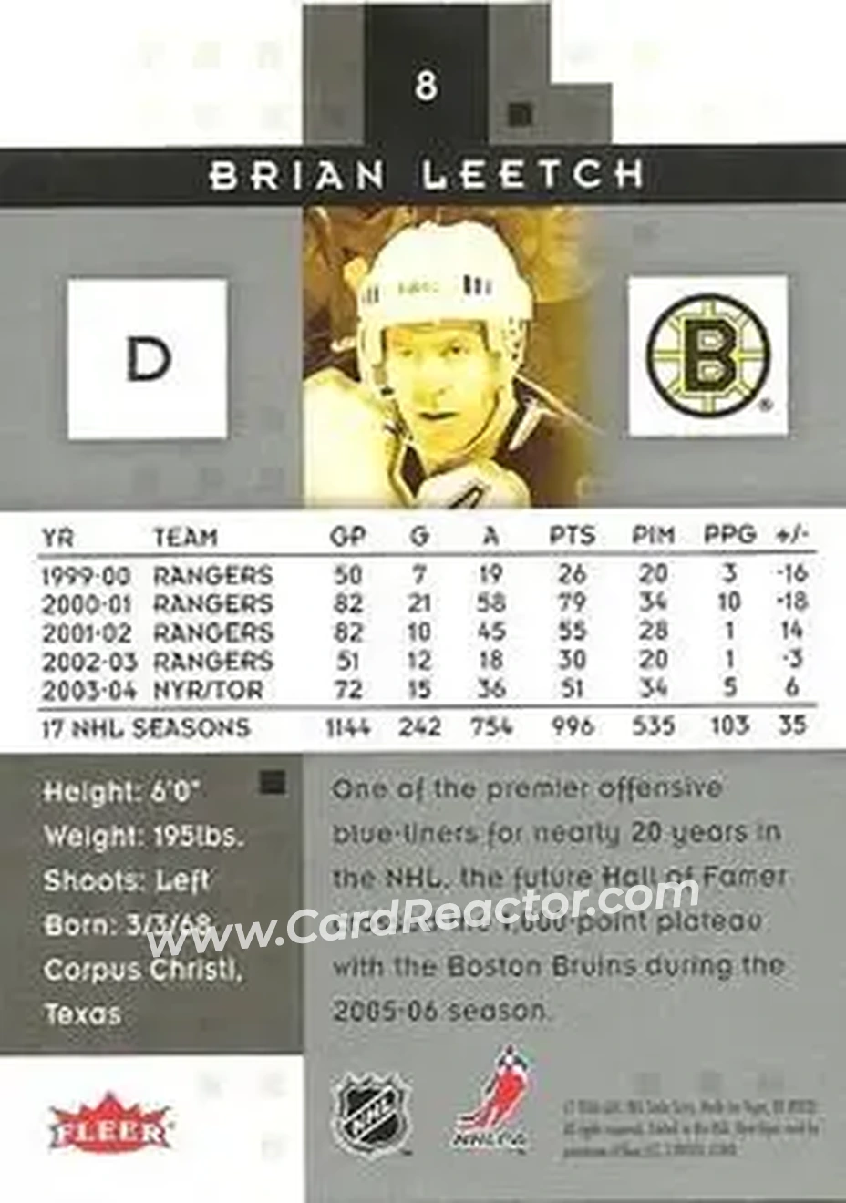 2005-06 Fleer Hot Prospects #8 - Brian Leetch - Boston Bruins - Back