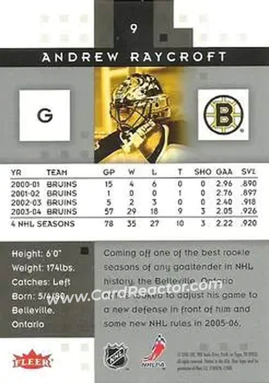 2005-06 Fleer Hot Prospects #9 - Andrew Raycroft - Boston Bruins - Back