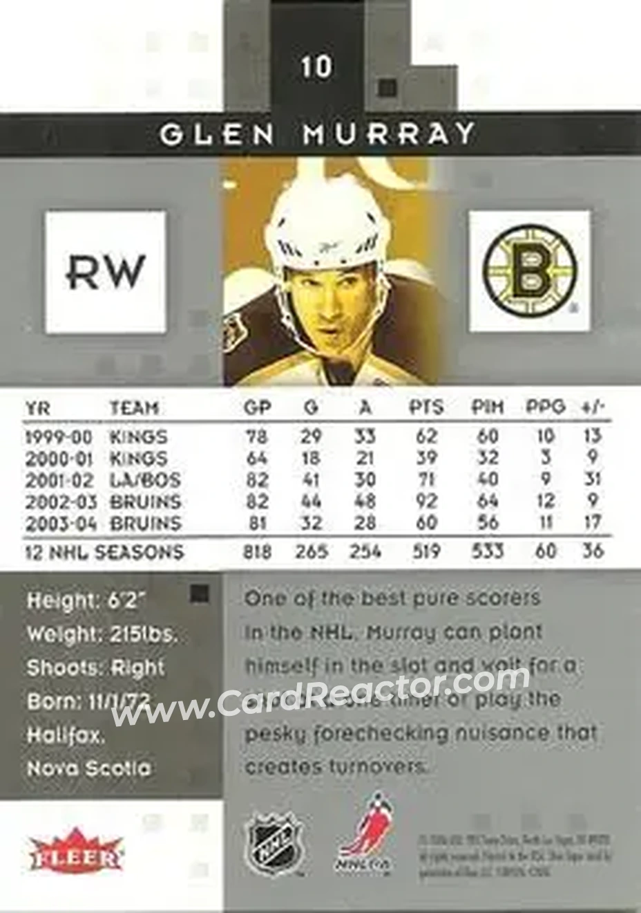 2005-06 Fleer Hot Prospects #10 - Glen Murray - Boston Bruins - Back