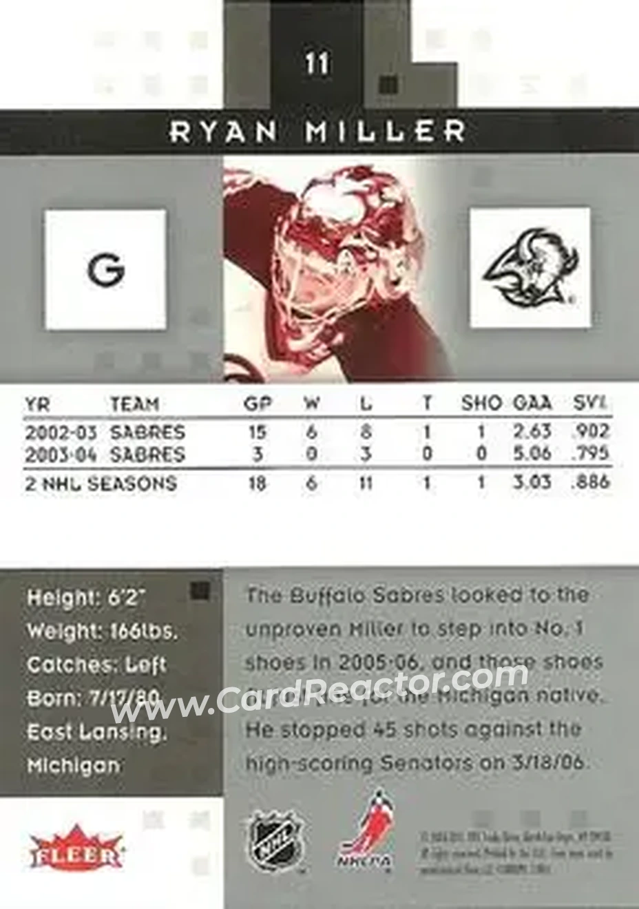 2005-06 Fleer Hot Prospects #11 - Ryan Miller - Buffalo Sabres - Back
