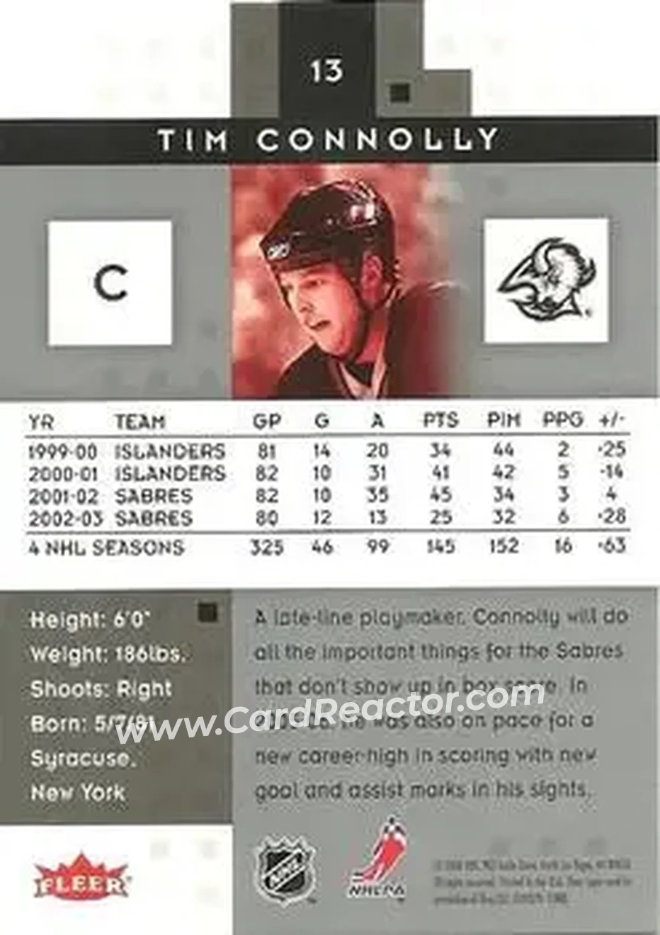 2005-06 Fleer Hot Prospects #13 - Tim Connolly - Buffalo Sabres - Back 2005-06 Fleer Hot Prospects #13 - Tim Connolly - Buffalo Sabres - Back