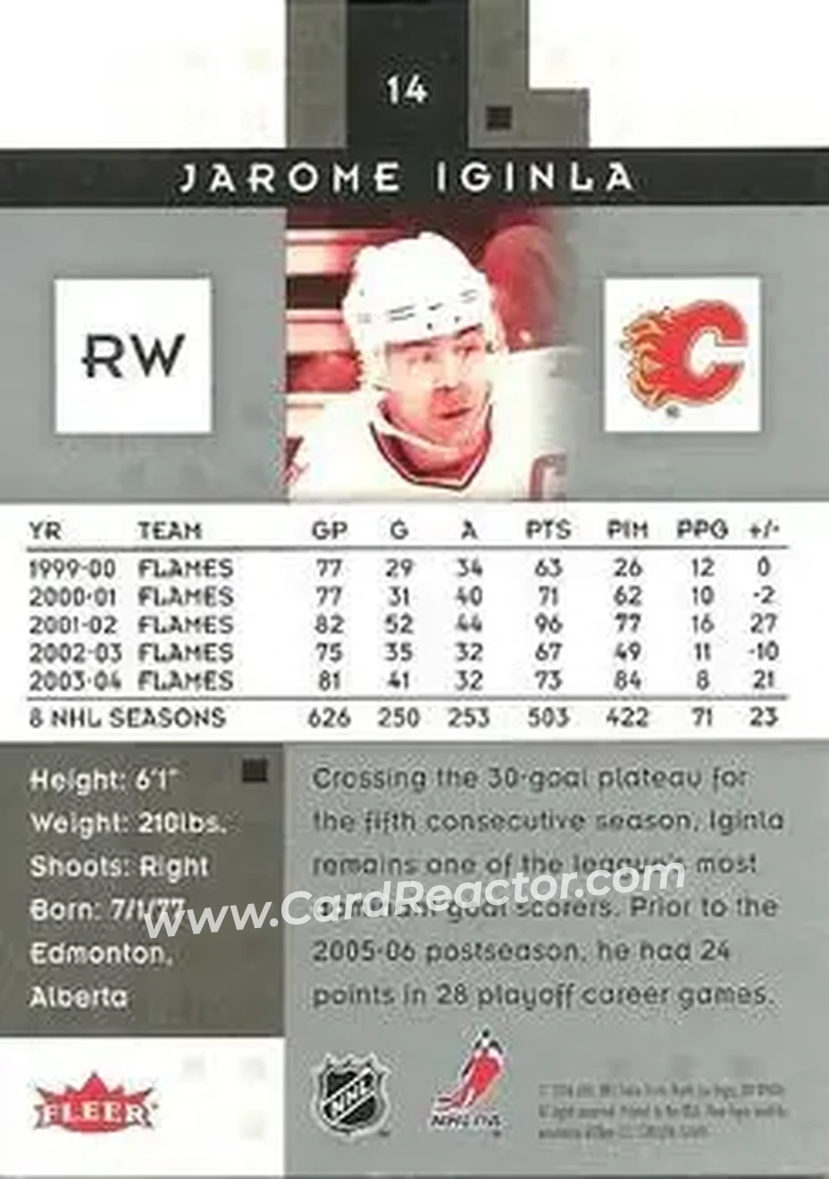 2005-06 Fleer Hot Prospects #14 - Jarome Iginla - Calgary Flames - Back 2005-06 Fleer Hot Prospects #14 - Jarome Iginla - Calgary Flames - Back