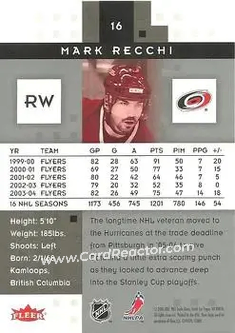 2005-06 Fleer Hot Prospects #16 - Mark Recchi - Carolina Hurricanes - Back 2005-06 Fleer Hot Prospects #16 - Mark Recchi - Carolina Hurricanes - Back