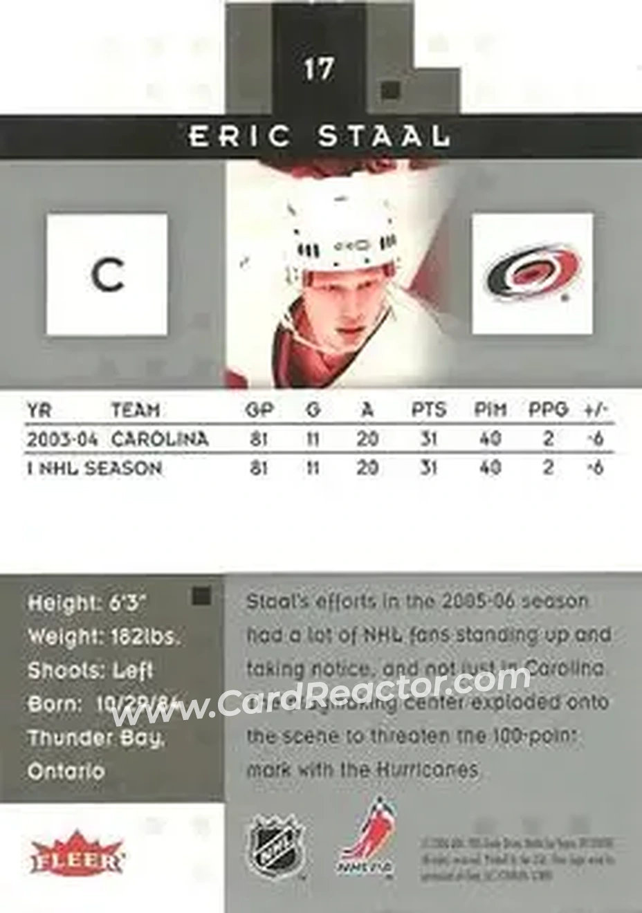 2005-06 Fleer Hot Prospects #17 - Eric Staal - Carolina Hurricanes - Back