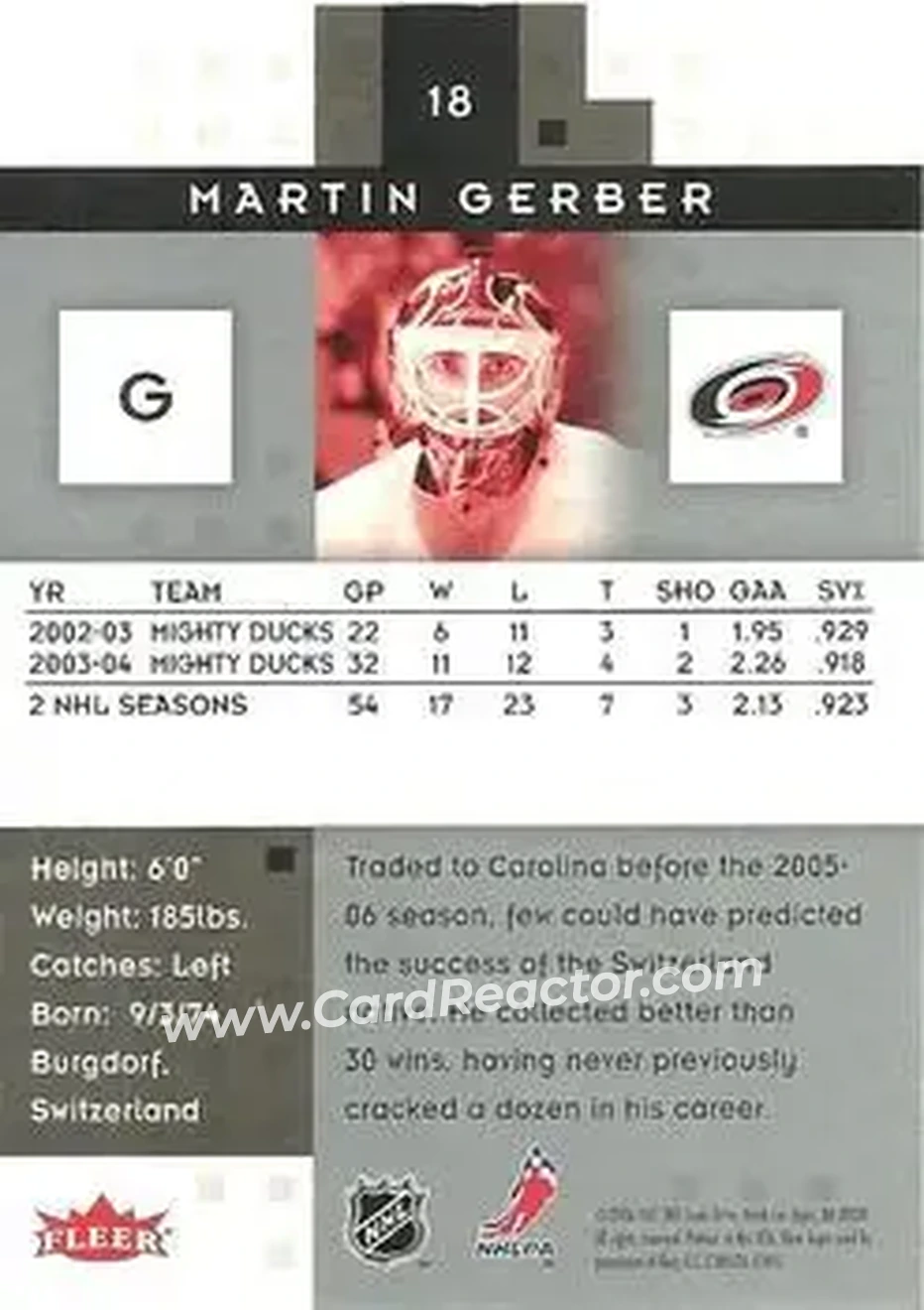 2005-06 Fleer Hot Prospects #18 - Martin Gerber - Carolina Hurricanes - Back 2005-06 Fleer Hot Prospects #18 - Martin Gerber - Carolina Hurricanes - Back