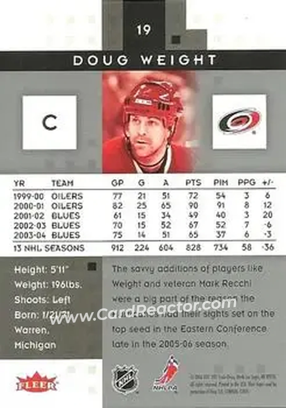 2005-06 Fleer Hot Prospects #19 - Doug Weight - Carolina Hurricanes - Back 2005-06 Fleer Hot Prospects #19 - Doug Weight - Carolina Hurricanes - Back