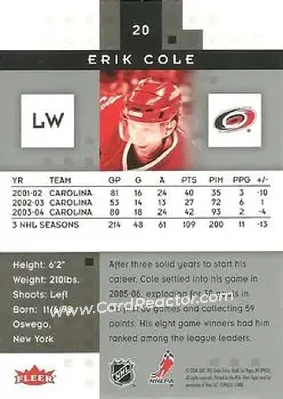 2005-06 Fleer Hot Prospects #20 - Erik Cole - Carolina Hurricanes - Back 2005-06 Fleer Hot Prospects #20 - Erik Cole - Carolina Hurricanes - Back