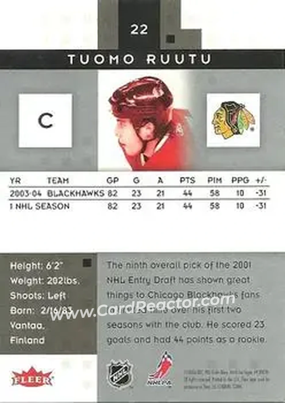 2005-06 Fleer Hot Prospects #22 - Tuomo Ruutu - Chicago Blackhawks - Back