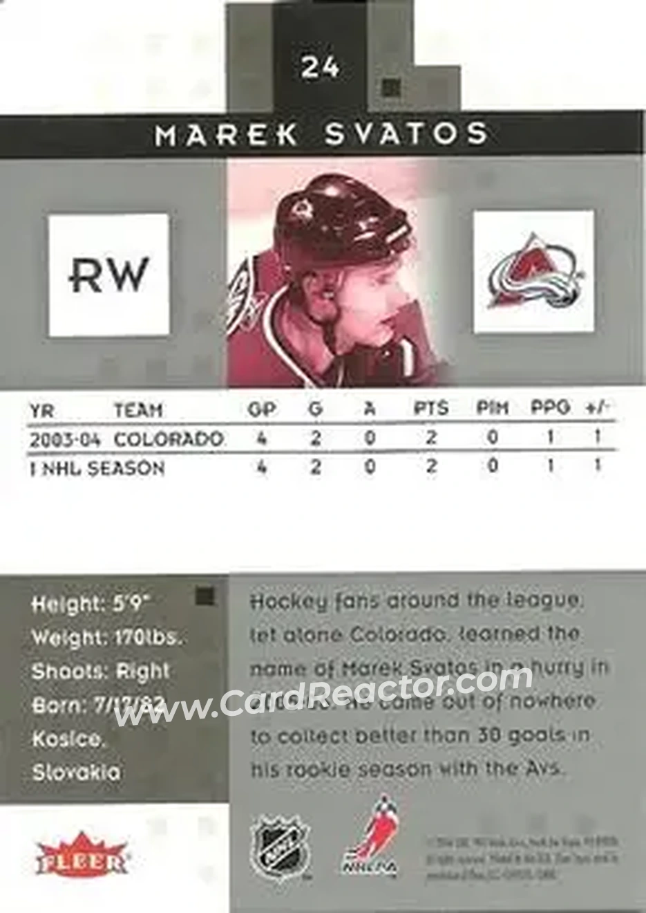 2005-06 Fleer Hot Prospects #24 - Marek Svatos - Colorado Avalanche - Back