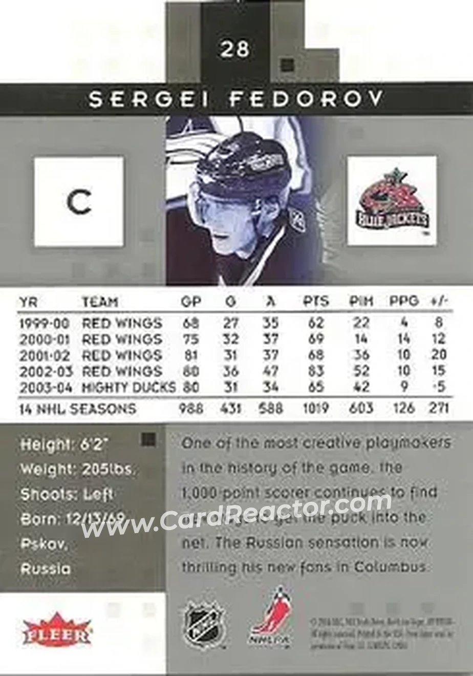 2005-06 Fleer Hot Prospects #28 - Sergei Fedorov - Columbus Blue Jackets - Back 2005-06 Fleer Hot Prospects #28 - Sergei Fedorov - Columbus Blue Jackets - Back