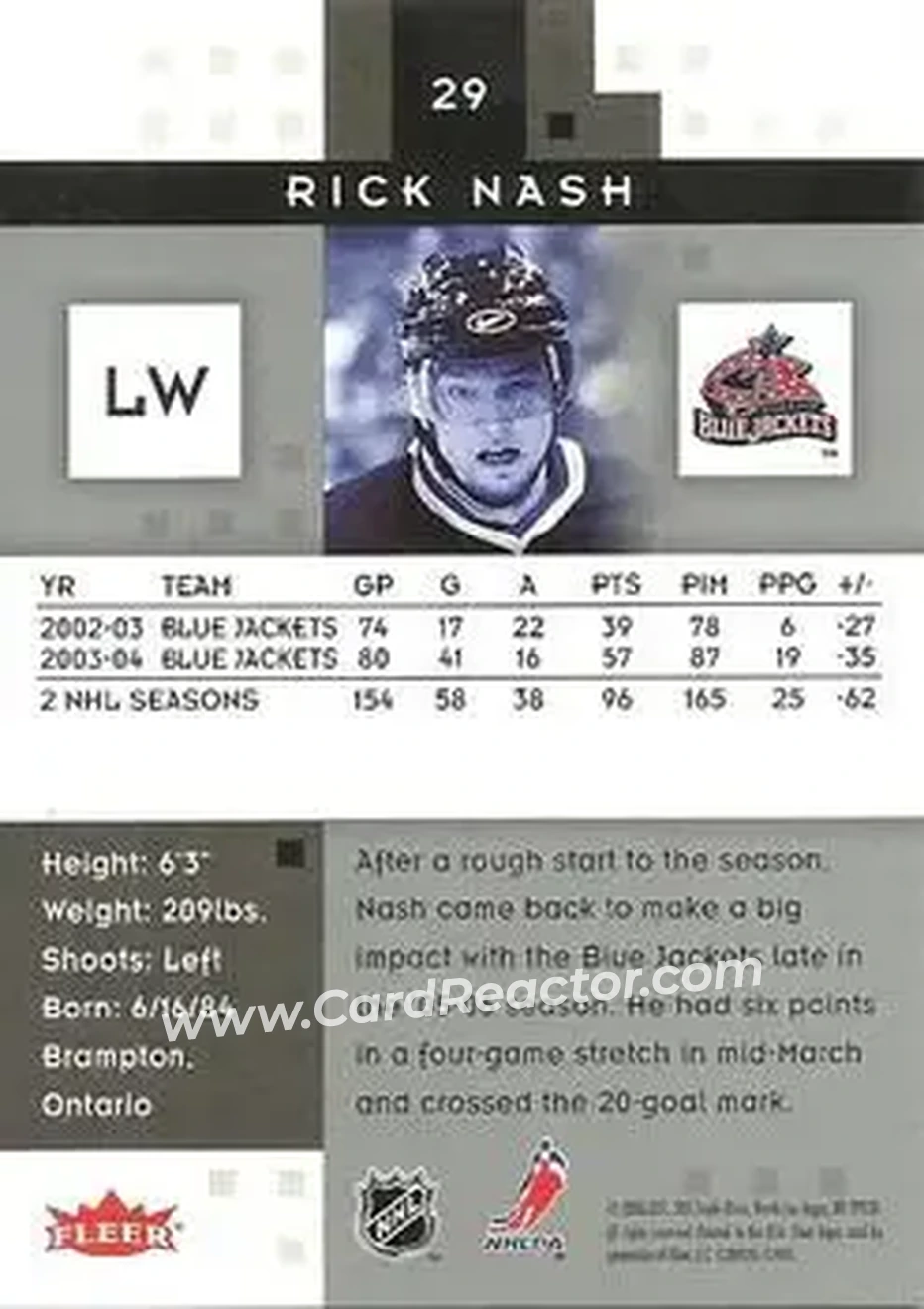 2005-06 Fleer Hot Prospects #29 - Rick Nash - Columbus Blue Jackets - Back 2005-06 Fleer Hot Prospects #29 - Rick Nash - Columbus Blue Jackets - Back