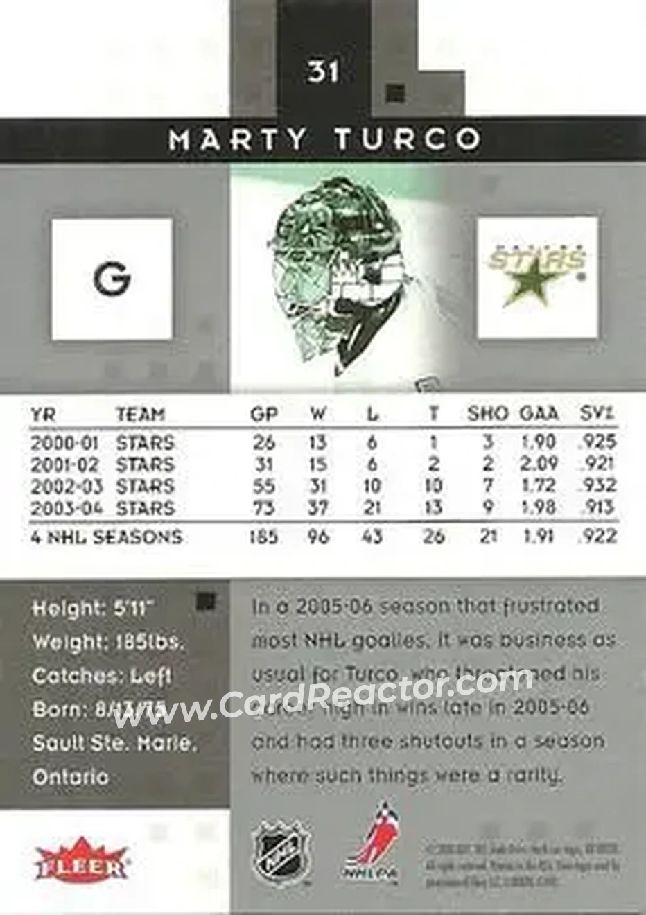 2005-06 Fleer Hot Prospects #31 - Marty Turco - Dallas Stars - Back 2005-06 Fleer Hot Prospects #31 - Marty Turco - Dallas Stars - Back