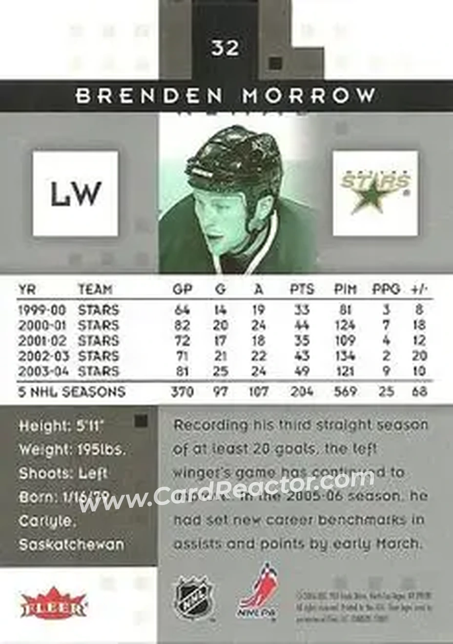 2005-06 Fleer Hot Prospects #32 - Brenden Morrow - Dallas Stars - Back
