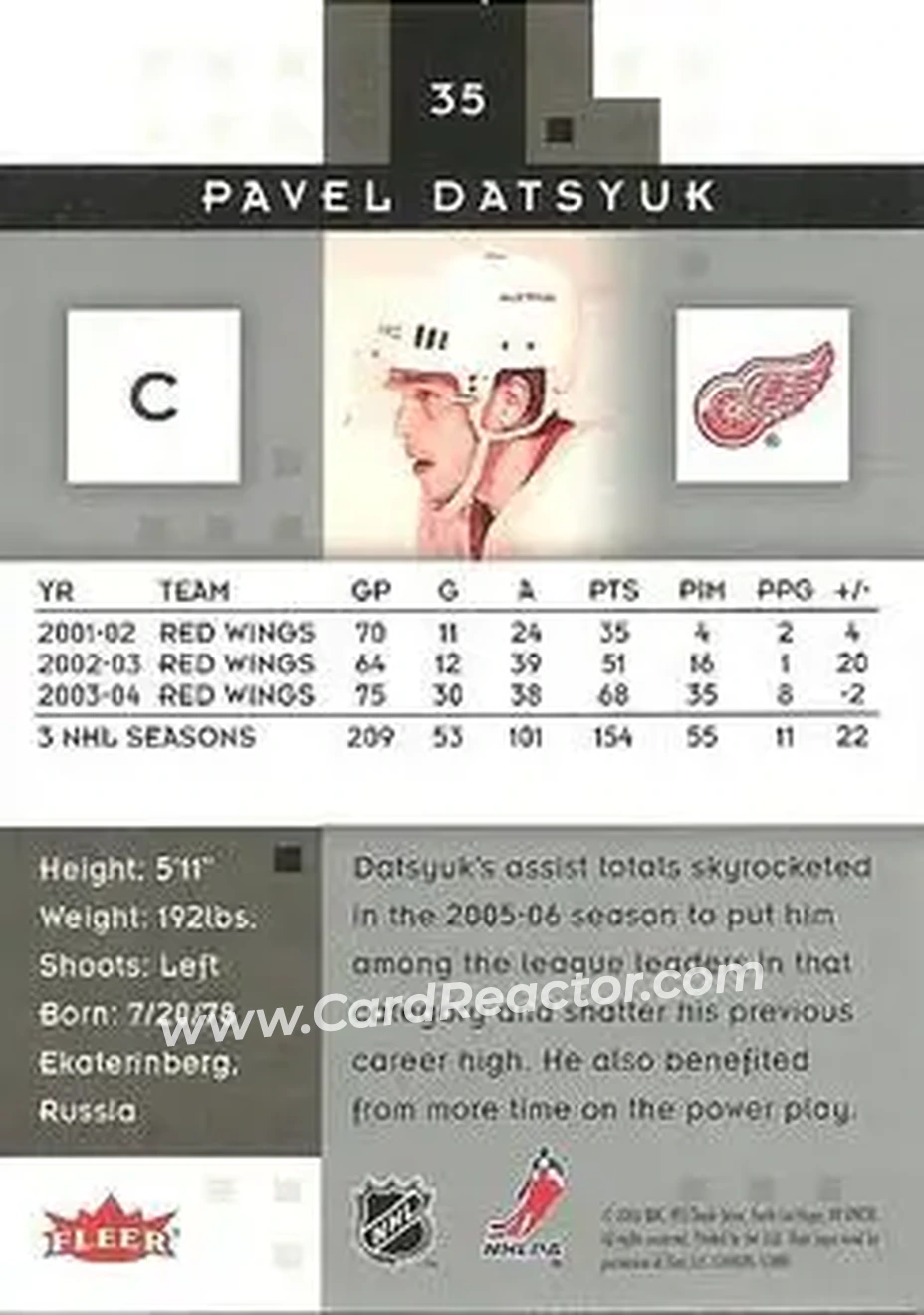 2005-06 Fleer Hot Prospects #35 - Pavel Datsyuk - Detroit Red Wings - Back 2005-06 Fleer Hot Prospects #35 - Pavel Datsyuk - Detroit Red Wings - Back