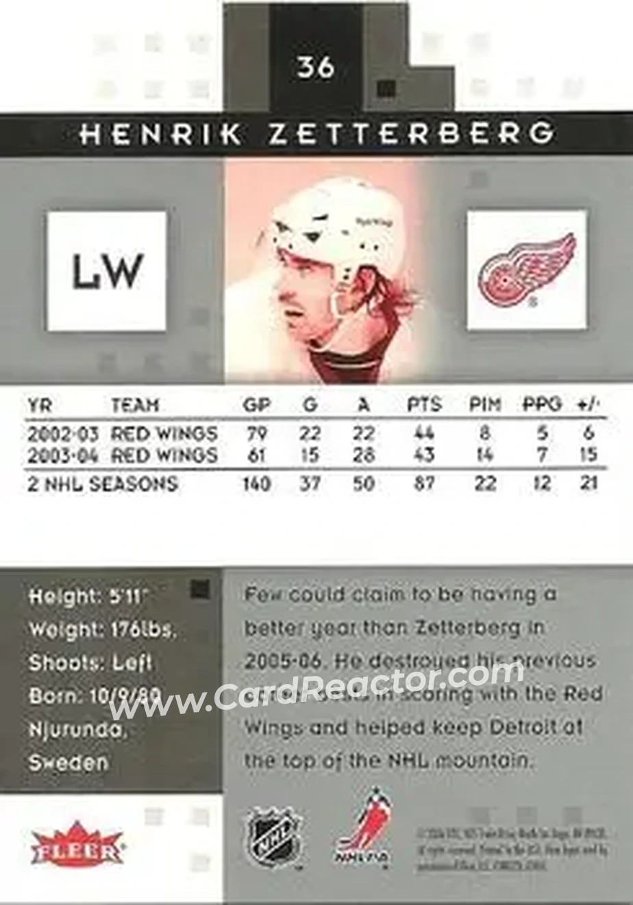 2005-06 Fleer Hot Prospects #36 - Henrik Zetterberg - Detroit Red Wings - Back 2005-06 Fleer Hot Prospects #36 - Henrik Zetterberg - Detroit Red Wings - Back