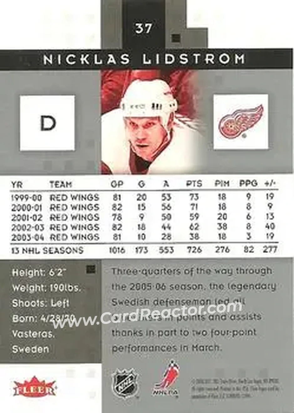2005-06 Fleer Hot Prospects #37 - Nicklas Lidstrom - Detroit Red Wings - Back 2005-06 Fleer Hot Prospects #37 - Nicklas Lidstrom - Detroit Red Wings - Back