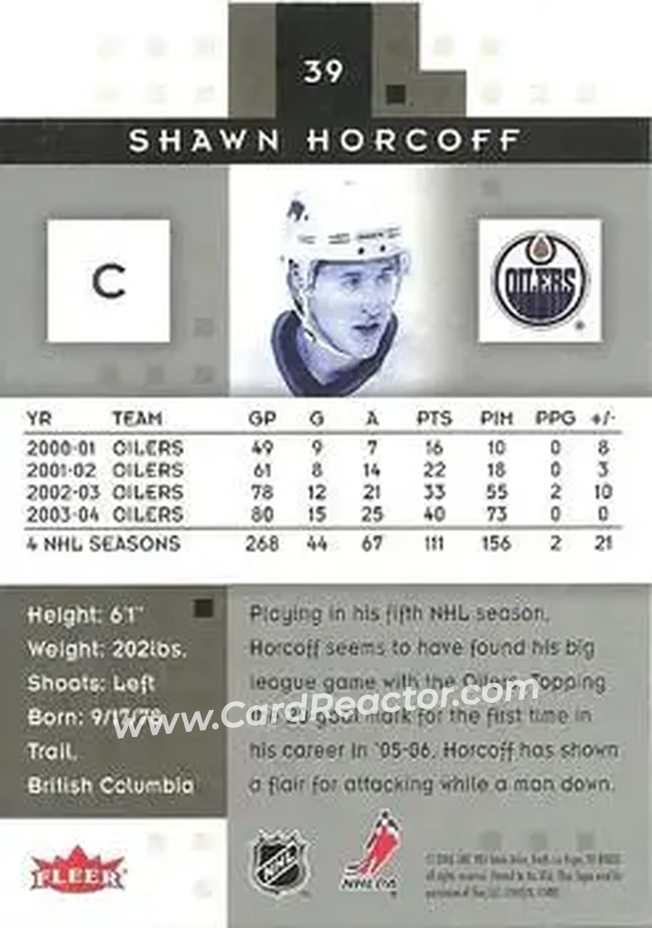 2005-06 Fleer Hot Prospects #39 - Shawn Horcoff - Edmonton Oilers - Back