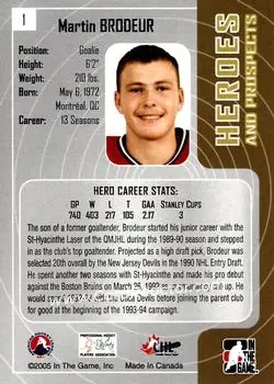 2005-06 In The Game Heroes and Prospects #1 - Martin Brodeur - Saint-Hyacinthe Laser - Back 2005-06 In The Game Heroes and Prospects #1 - Martin Brodeur - Saint-Hyacinthe Laser - Back