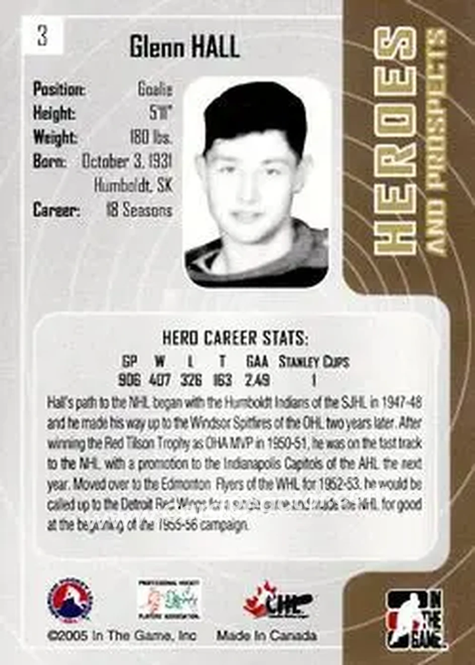 2005-06 In The Game Heroes and Prospects #3 - Glenn Hall - Humboldt Indians - Back