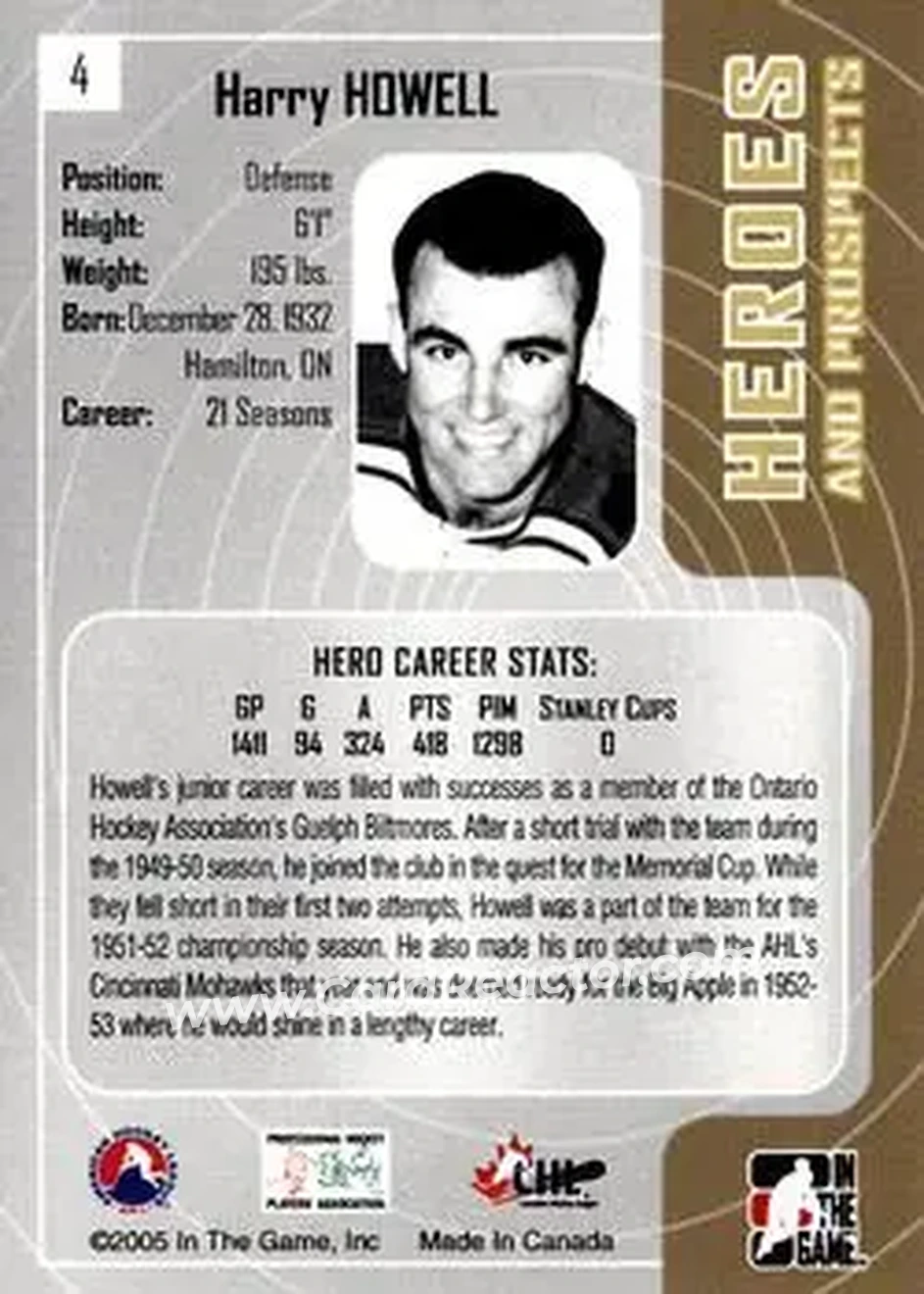 2005-06 In The Game Heroes and Prospects #4 - Harry Howell - Guelph Biltmores - Back 2005-06 In The Game Heroes and Prospects #4 - Harry Howell - Guelph Biltmores - Back