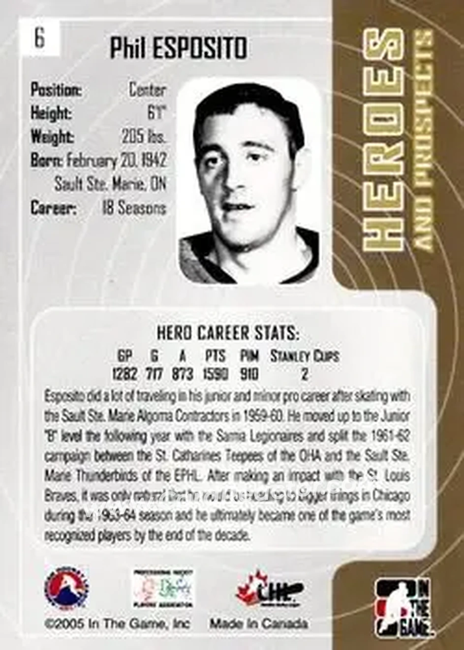 2005-06 In The Game Heroes and Prospects #6 - Phil Esposito - St. Catharines Teepees - Back 2005-06 In The Game Heroes and Prospects #6 - Phil Esposito - St. Catharines Teepees - Back