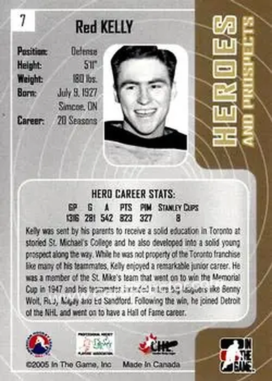 2005-06 In The Game Heroes and Prospects #7 - Red Kelly - Toronto St. Michael's Majors - Back 2005-06 In The Game Heroes and Prospects #7 - Red Kelly - Toronto St. Michael's Majors - Back