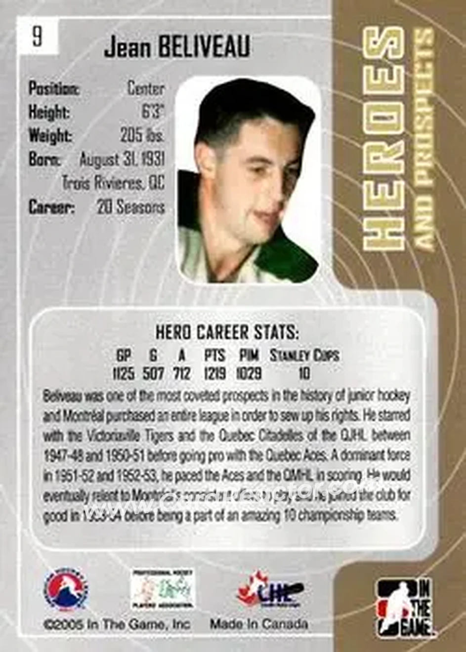 2005-06 In The Game Heroes and Prospects #9 - Jean Beliveau - Quebec Aces - Back