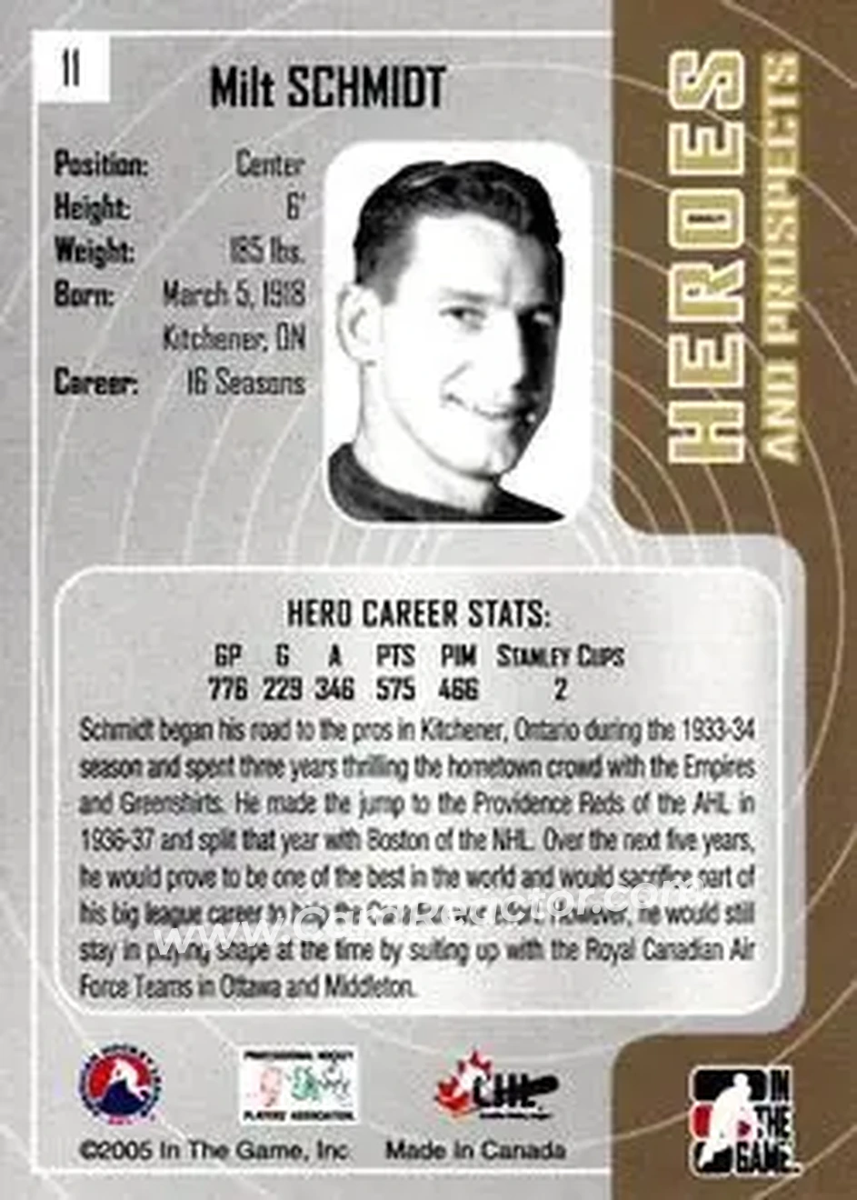 2005-06 In The Game Heroes and Prospects #11 - Milt Schmidt - Royal Canadian Air Force - Back