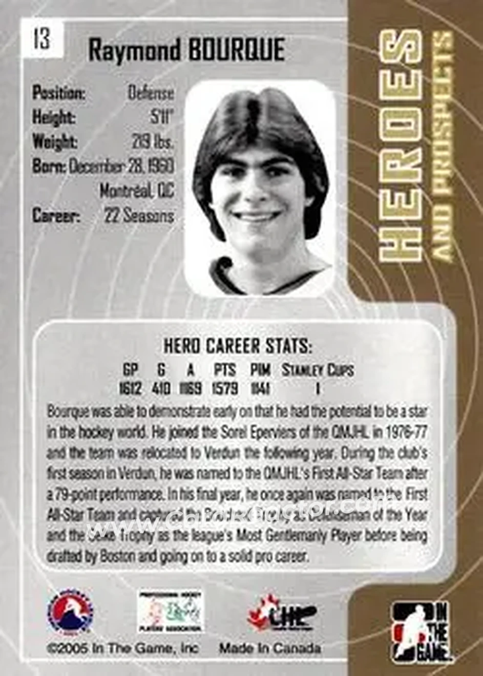 2005-06 In The Game Heroes and Prospects #13 - Ray Bourque - Sorel Éperviers - Back 2005-06 In The Game Heroes and Prospects #13 - Ray Bourque - Sorel Éperviers - Back