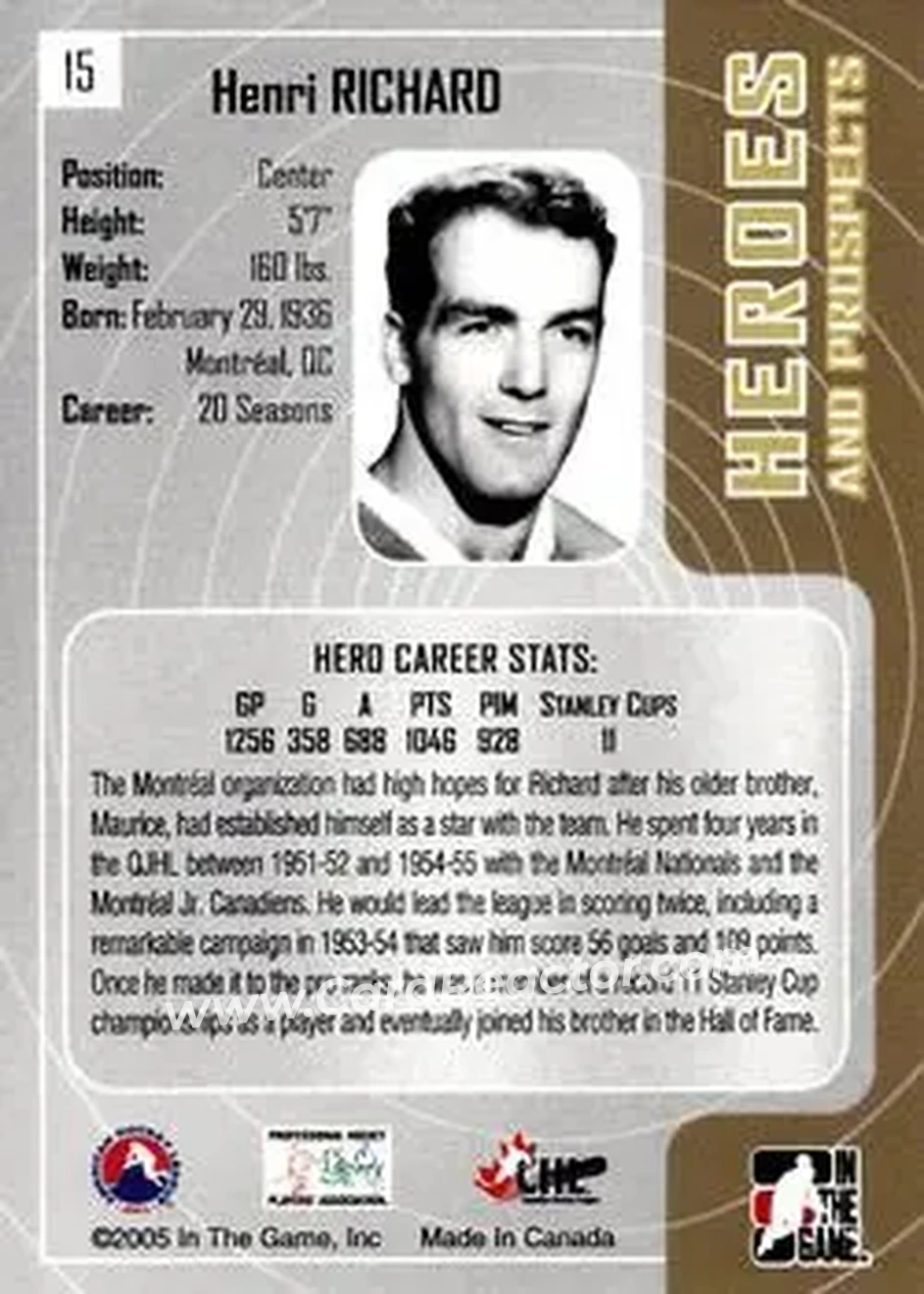 2005-06 In The Game Heroes and Prospects #15 - Henri Richard - Back
