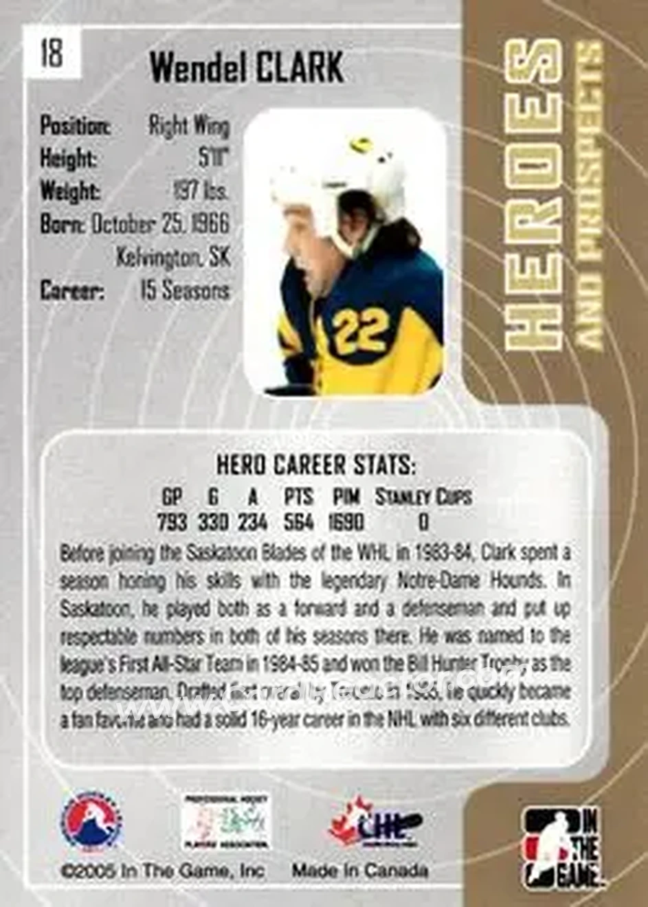2005-06 In The Game Heroes and Prospects #18 - Wendel Clark - Saskatoon Blades - Back