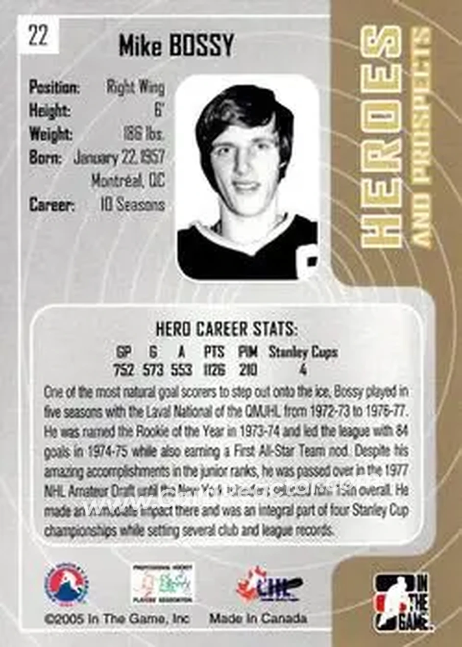 2005-06 In The Game Heroes and Prospects #22 - Mike Bossy - Laval National - Back