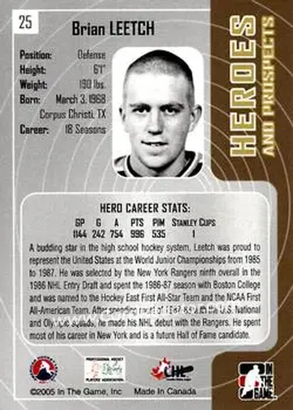 2005-06 In The Game Heroes and Prospects #25 - Brian Leetch - Boston College Eagles - Back