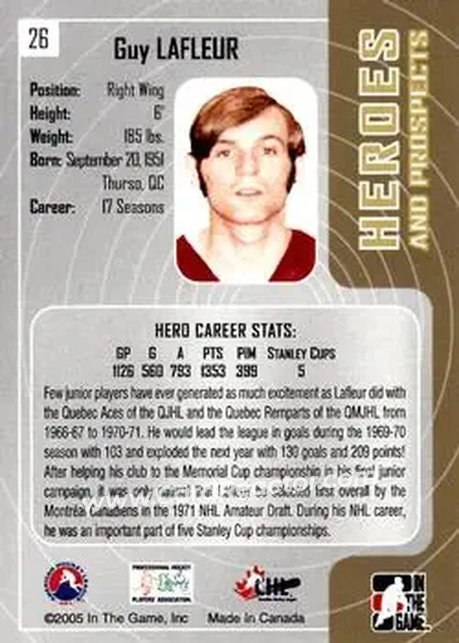 2005-06 In The Game Heroes and Prospects #26 - Guy Lafleur - Quebec Remparts - Back