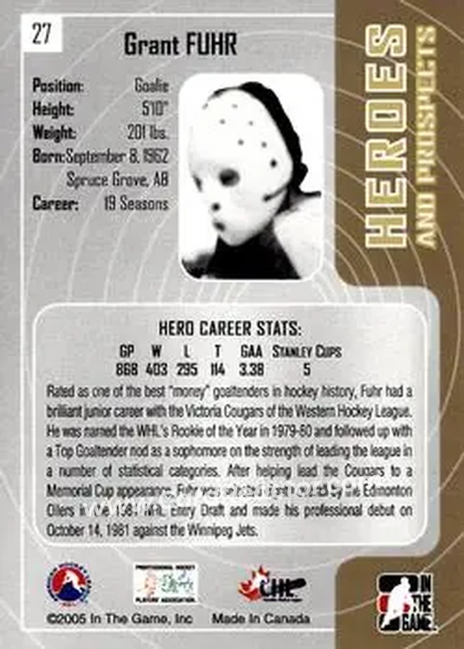 2005-06 In The Game Heroes and Prospects #27 - Grant Fuhr - Victoria Cougars - Back