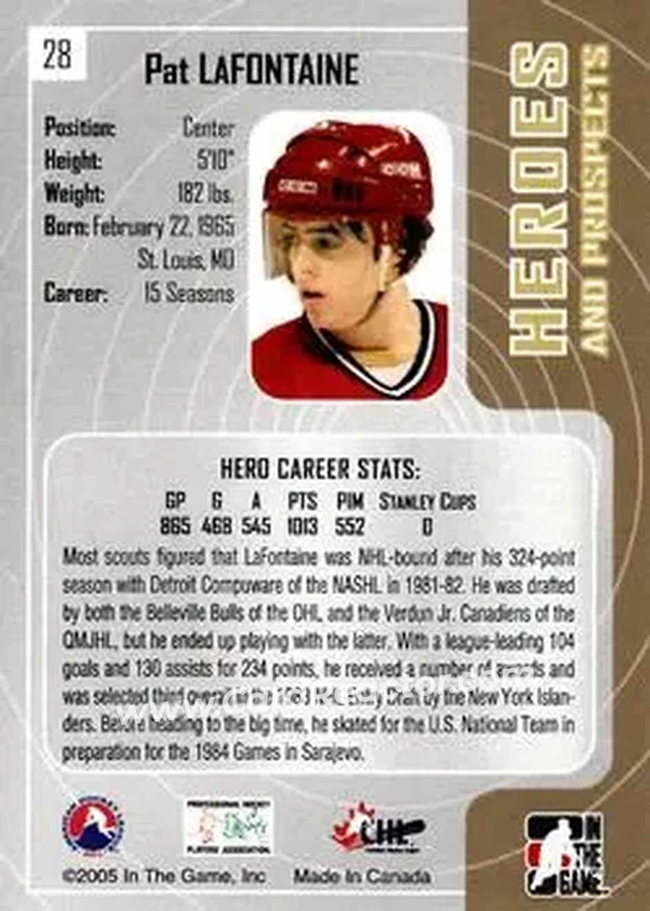 2005-06 In The Game Heroes and Prospects #28 - Pat LaFontaine - Verdun Juniors - Back