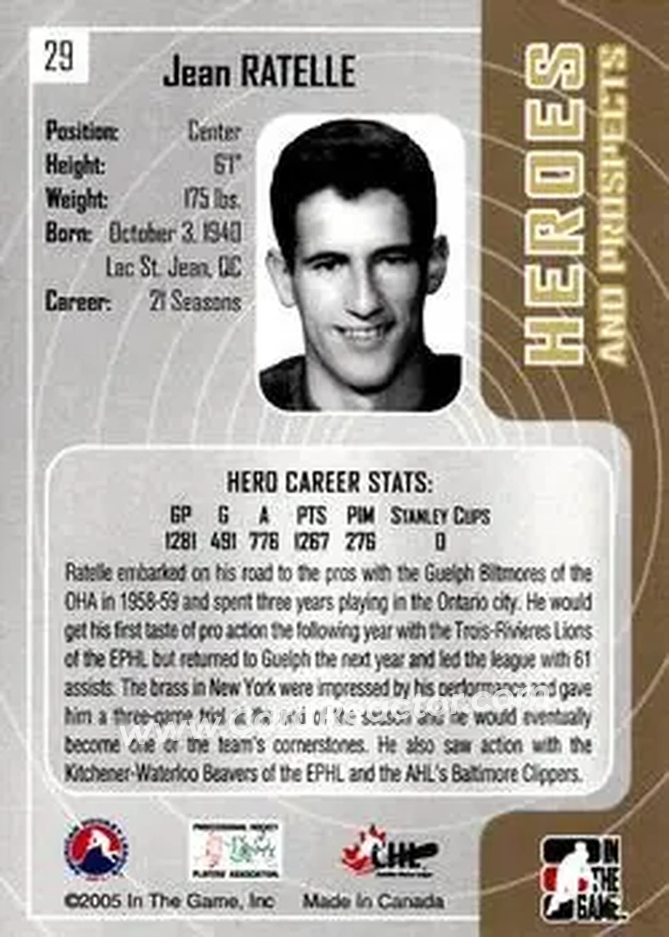 2005-06 In The Game Heroes and Prospects #29 - Jean Ratelle - Guelph Biltmores - Back