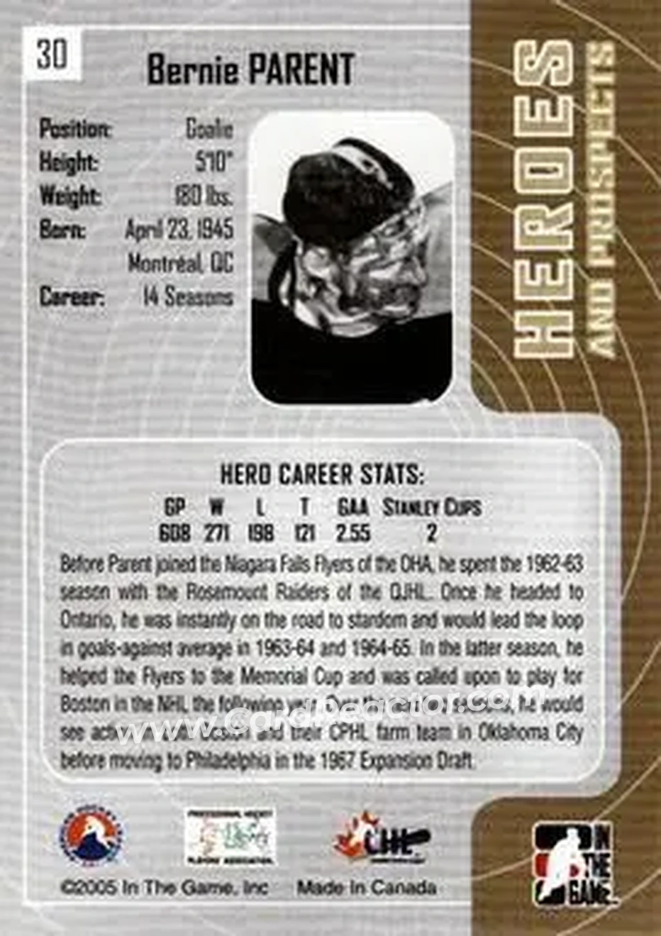 2005-06 In The Game Heroes and Prospects #30 - Bernie Parent - Niagara Falls Flyers - Back