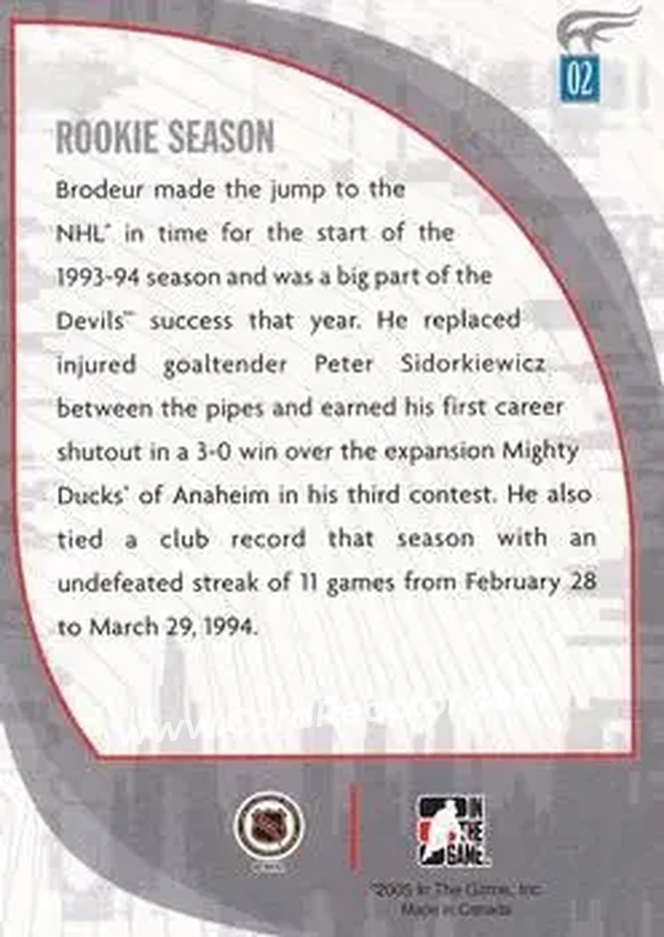 2005-06 In The Game Passing the Torch #02 - Martin Brodeur - New Jersey Devils - Back