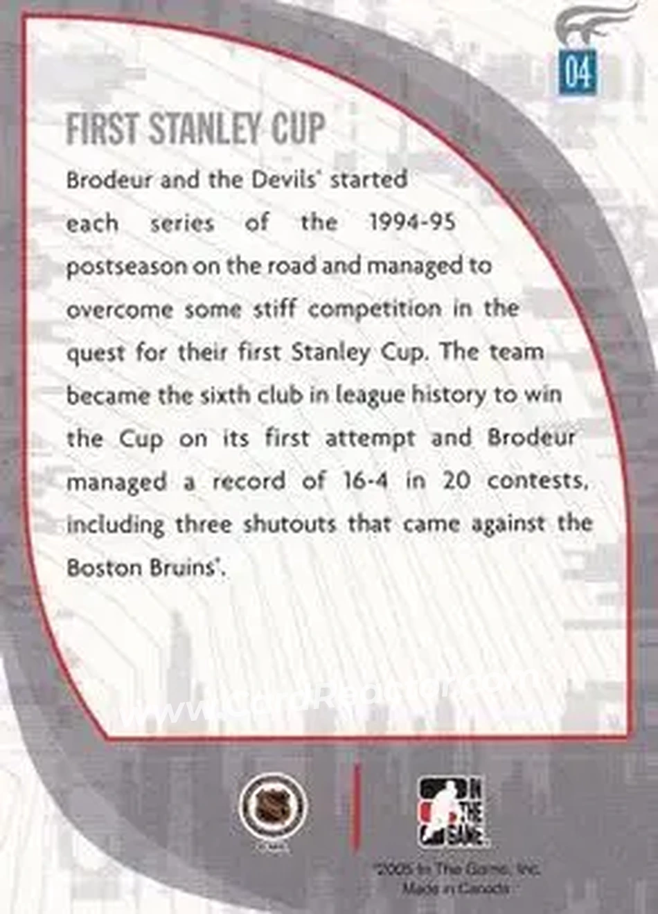 2005-06 In The Game Passing the Torch #04 - Martin Brodeur - New Jersey Devils - Back 2005-06 In The Game Passing the Torch #04 - Martin Brodeur - New Jersey Devils - Back