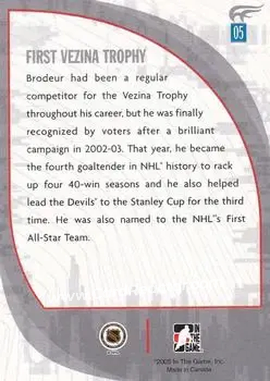 2005-06 In The Game Passing the Torch #05 - Martin Brodeur - New Jersey Devils - Back 2005-06 In The Game Passing the Torch #05 - Martin Brodeur - New Jersey Devils - Back