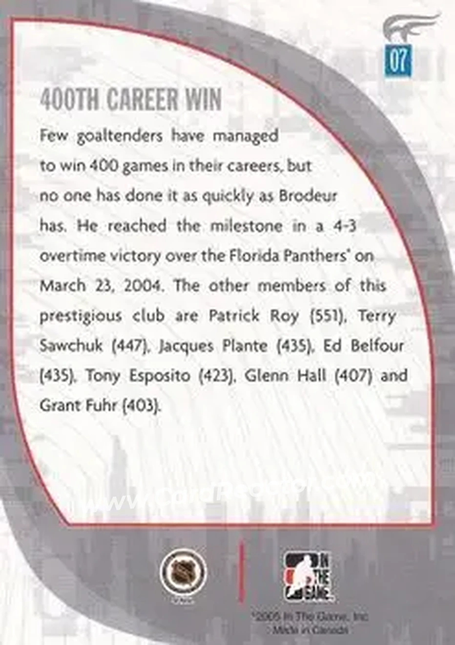 2005-06 In The Game Passing the Torch #07 - Martin Brodeur - New Jersey Devils - Back 2005-06 In The Game Passing the Torch #07 - Martin Brodeur - New Jersey Devils - Back
