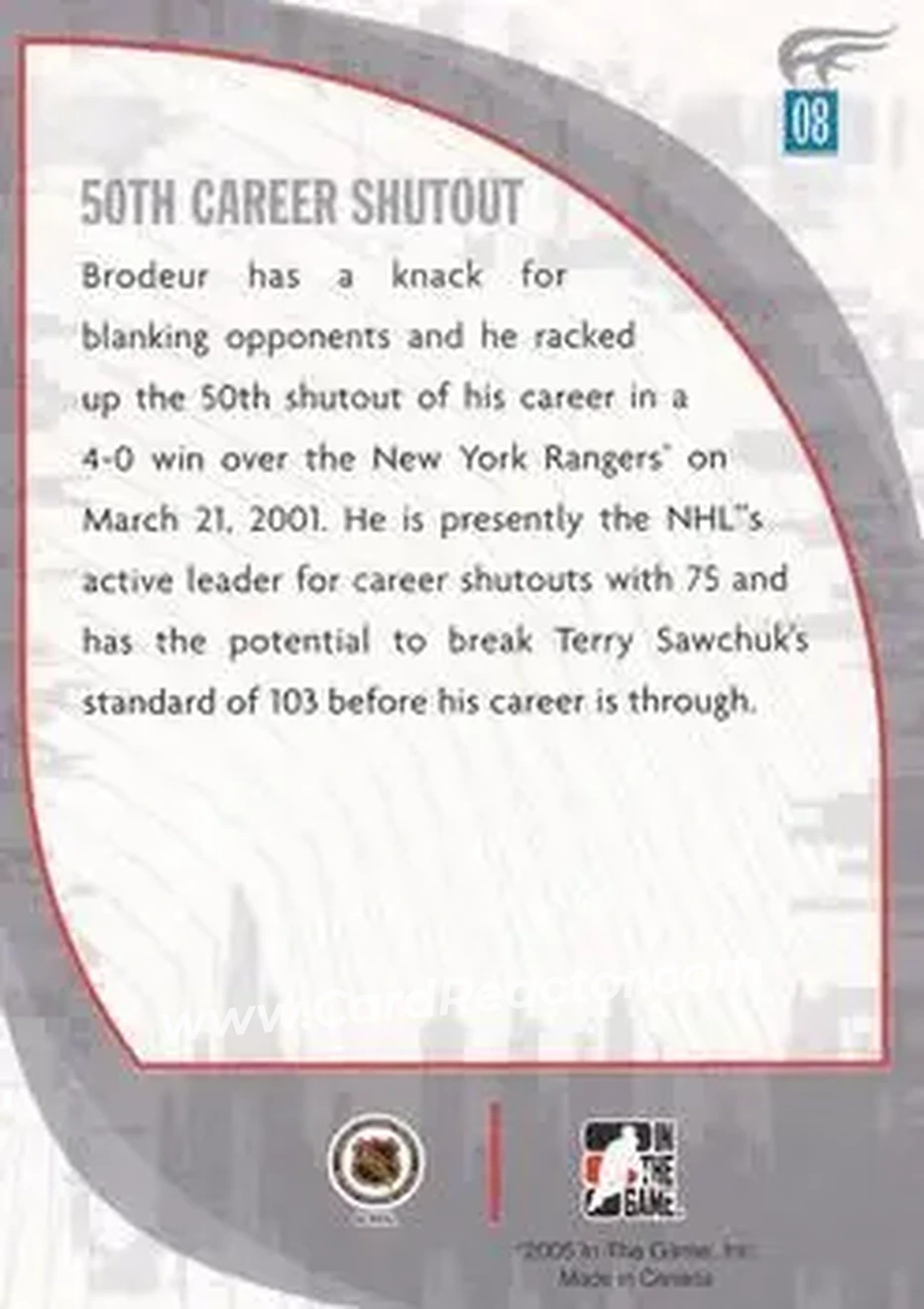2005-06 In The Game Passing the Torch #08 - Martin Brodeur - New Jersey Devils - Back