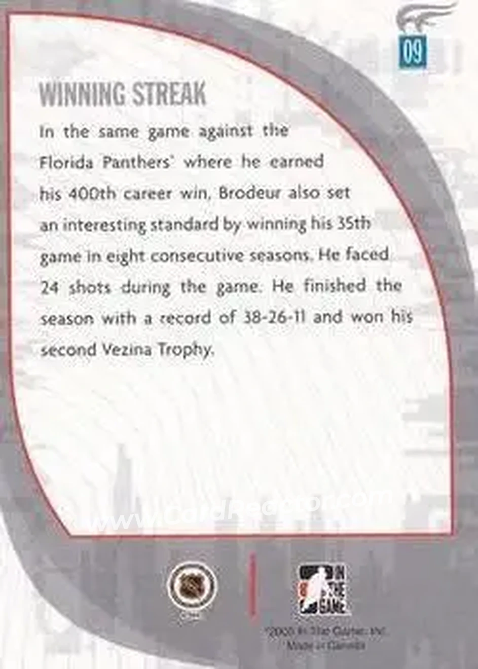 2005-06 In The Game Passing the Torch #09 - Martin Brodeur - New Jersey Devils - Back