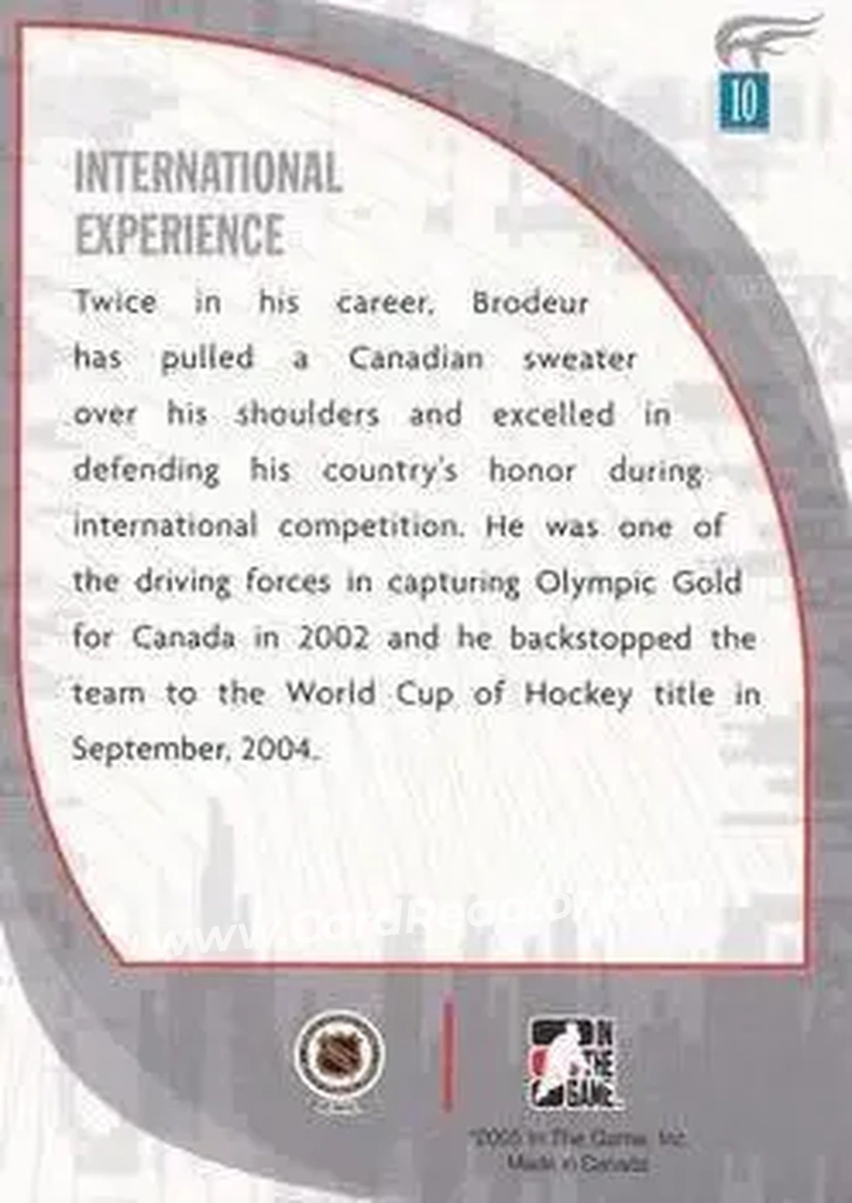2005-06 In The Game Passing the Torch #10 - Martin Brodeur - New Jersey Devils - Back