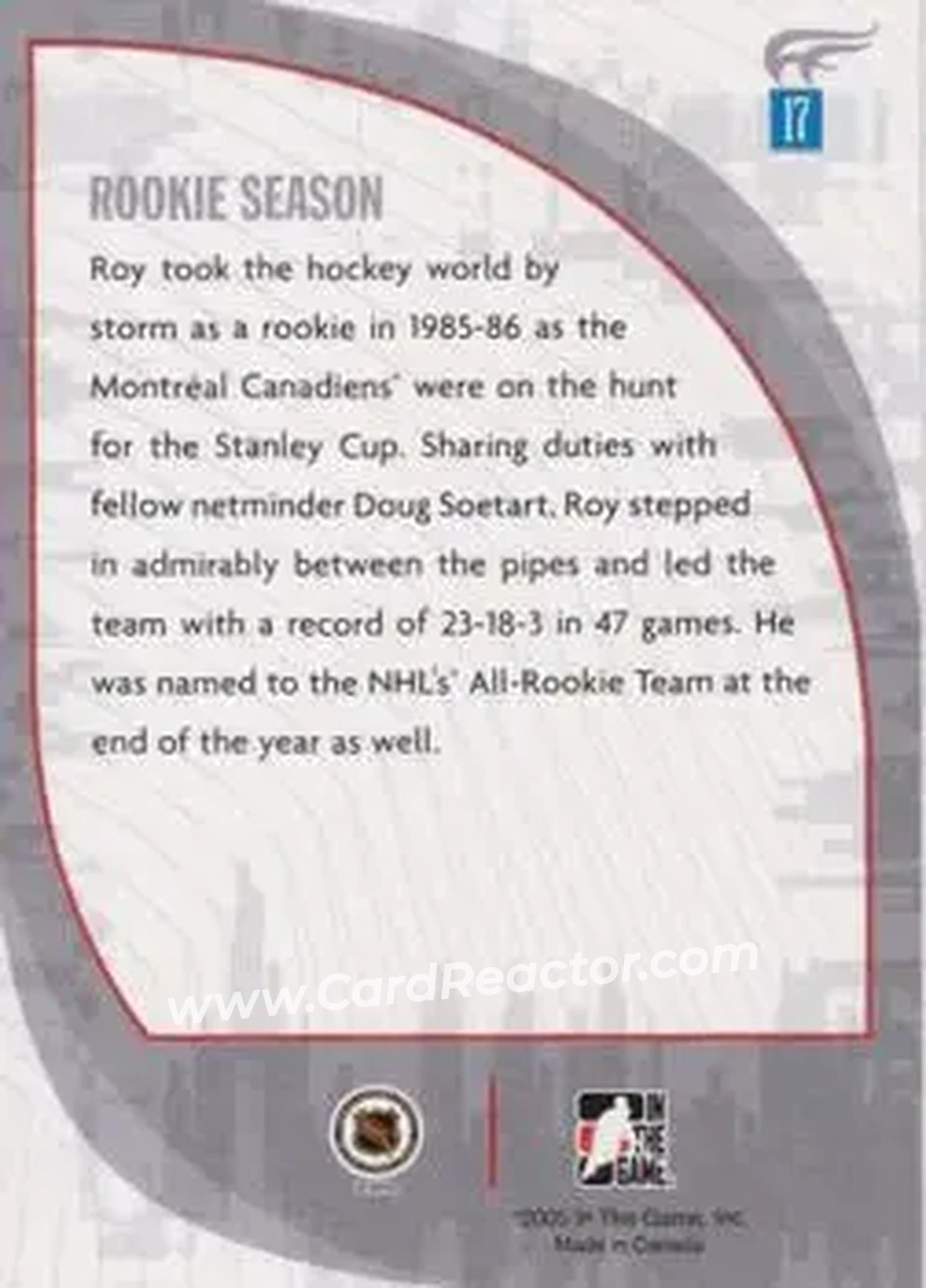 2005-06 In The Game Passing the Torch #17 - Patrick Roy - Montreal Canadiens - Back