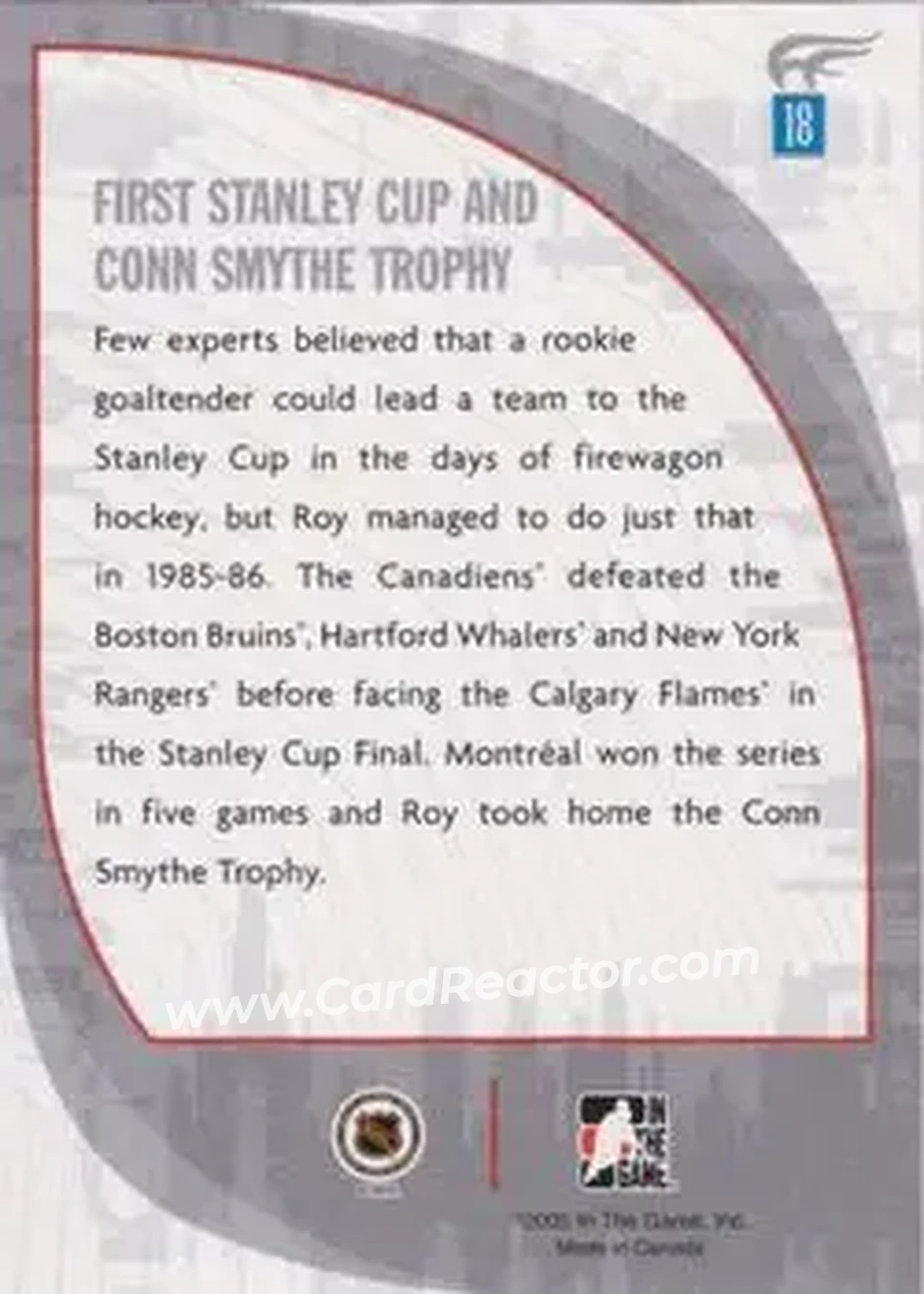 2005-06 In The Game Passing the Torch #18 - Patrick Roy - Montreal Canadiens - Back