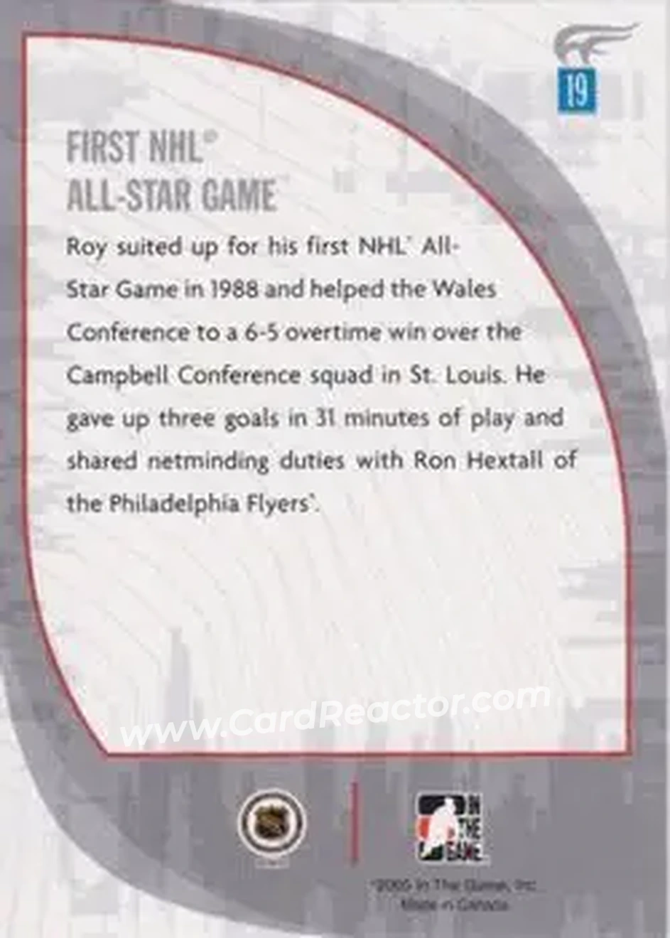 2005-06 In The Game Passing the Torch #19 - Patrick Roy - Montreal Canadiens - Back