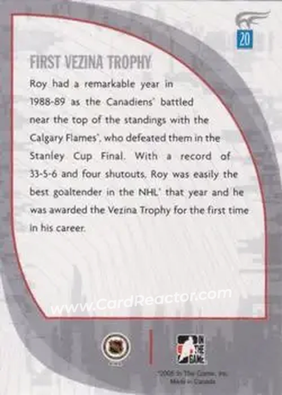 2005-06 In The Game Passing the Torch #20 - Patrick Roy - Montreal Canadiens - Back